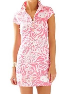 Lilly Pulitzer Pink White Rayna Cut Out Back Polo Mini Dress Capped Sleeve Sz XS